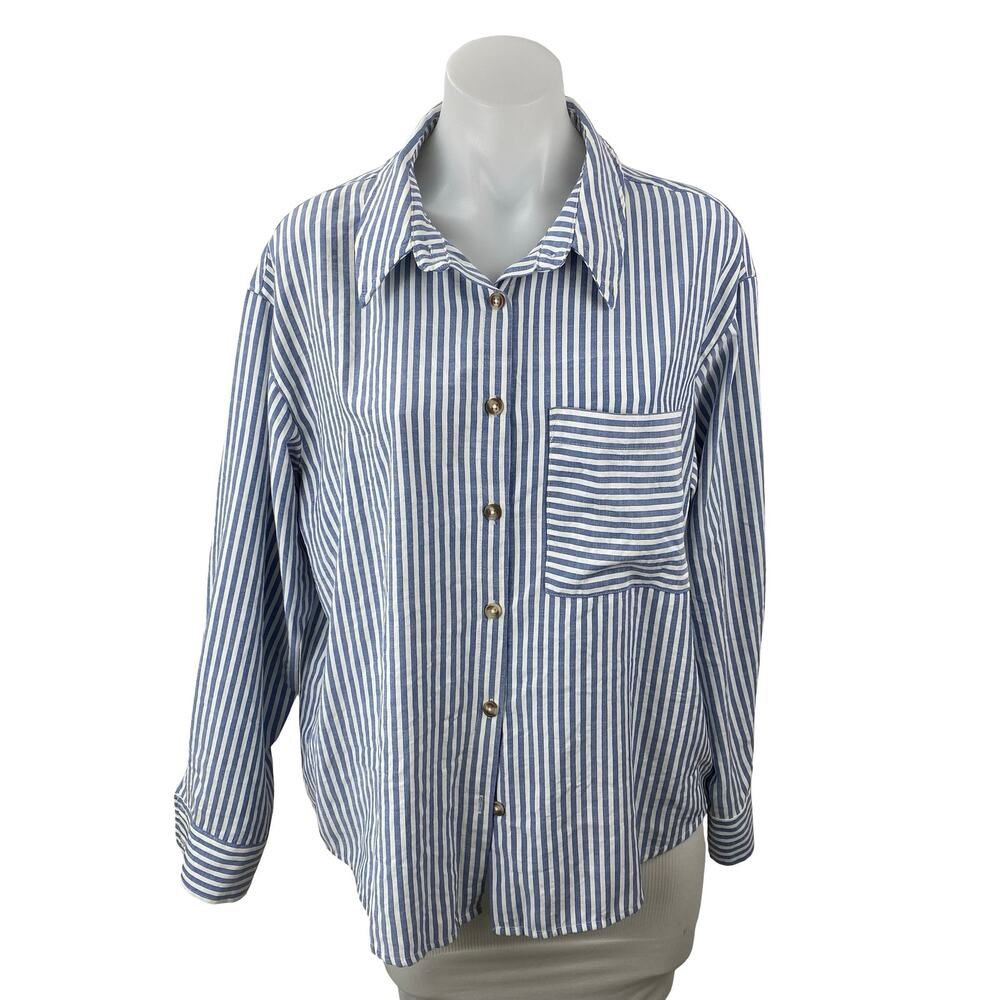 By Together Women's Blue Striped Pocket Long Sleeve Button Down Shirt Top Size S